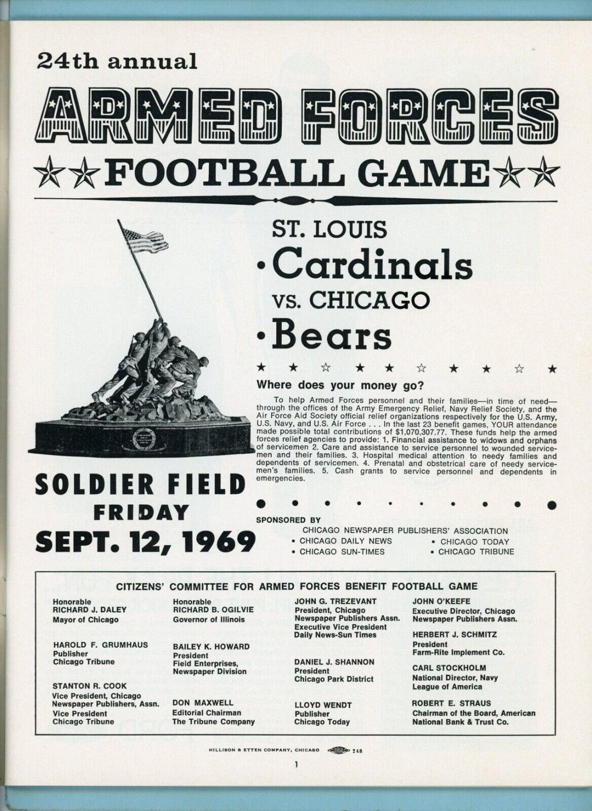 September 12, 1969 NFL Pre Season St Louis Cardinals vs Chicago Bears Program