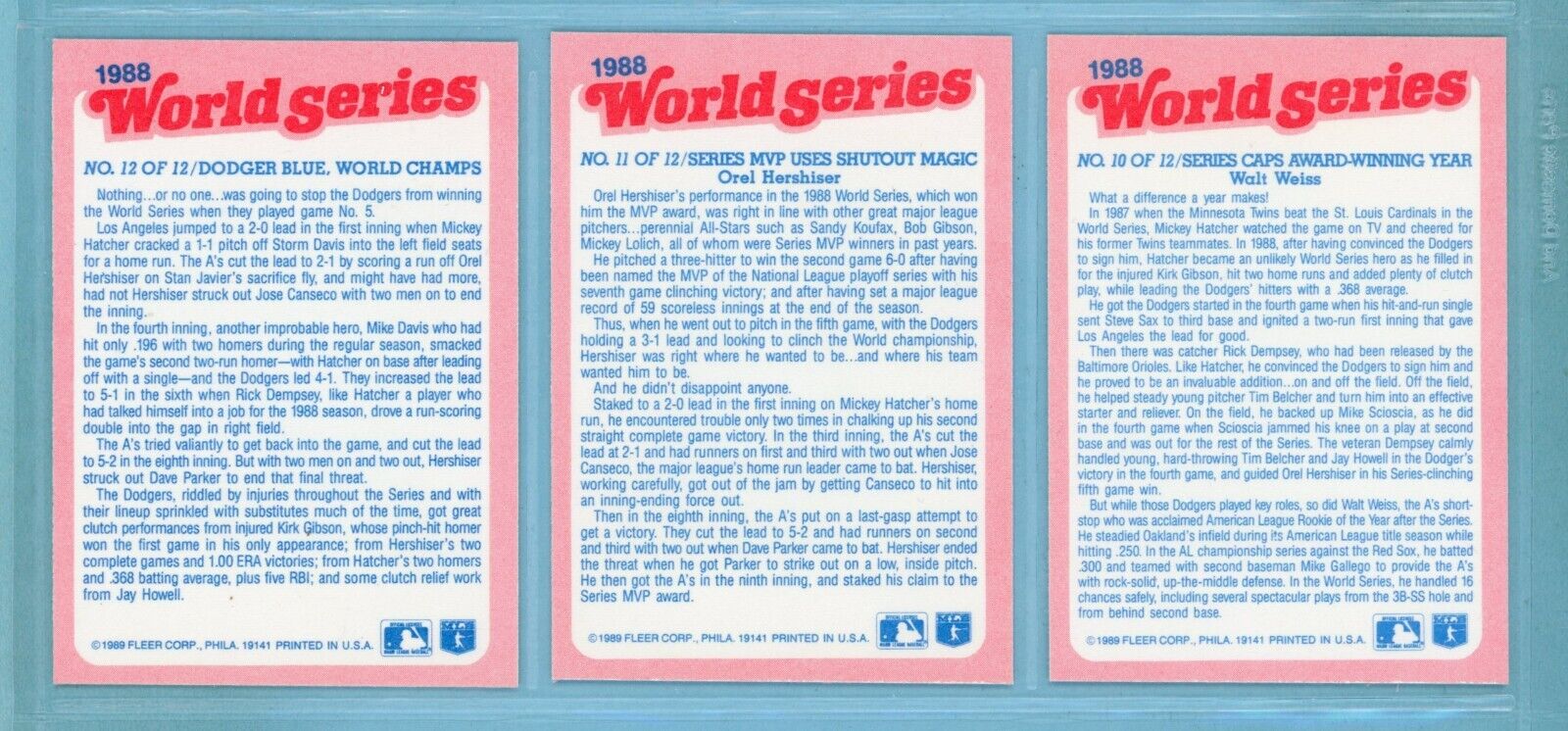 1989 Fleer Set of 12 1988 World Series Special Baseball Cards NM