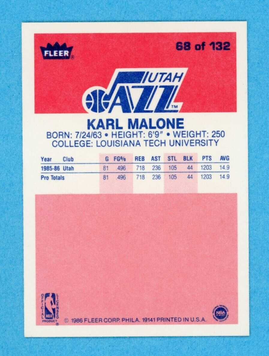 1986-87 Fleer #68 Karl Malone Utah Jazz Rookie Basketball Card NM