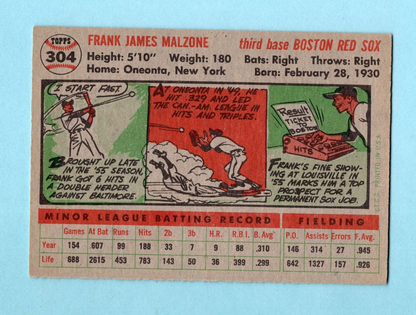 1956 Topps #304 Frank Malzone Boston Red Sox Baseball Card Ex/Mt pm