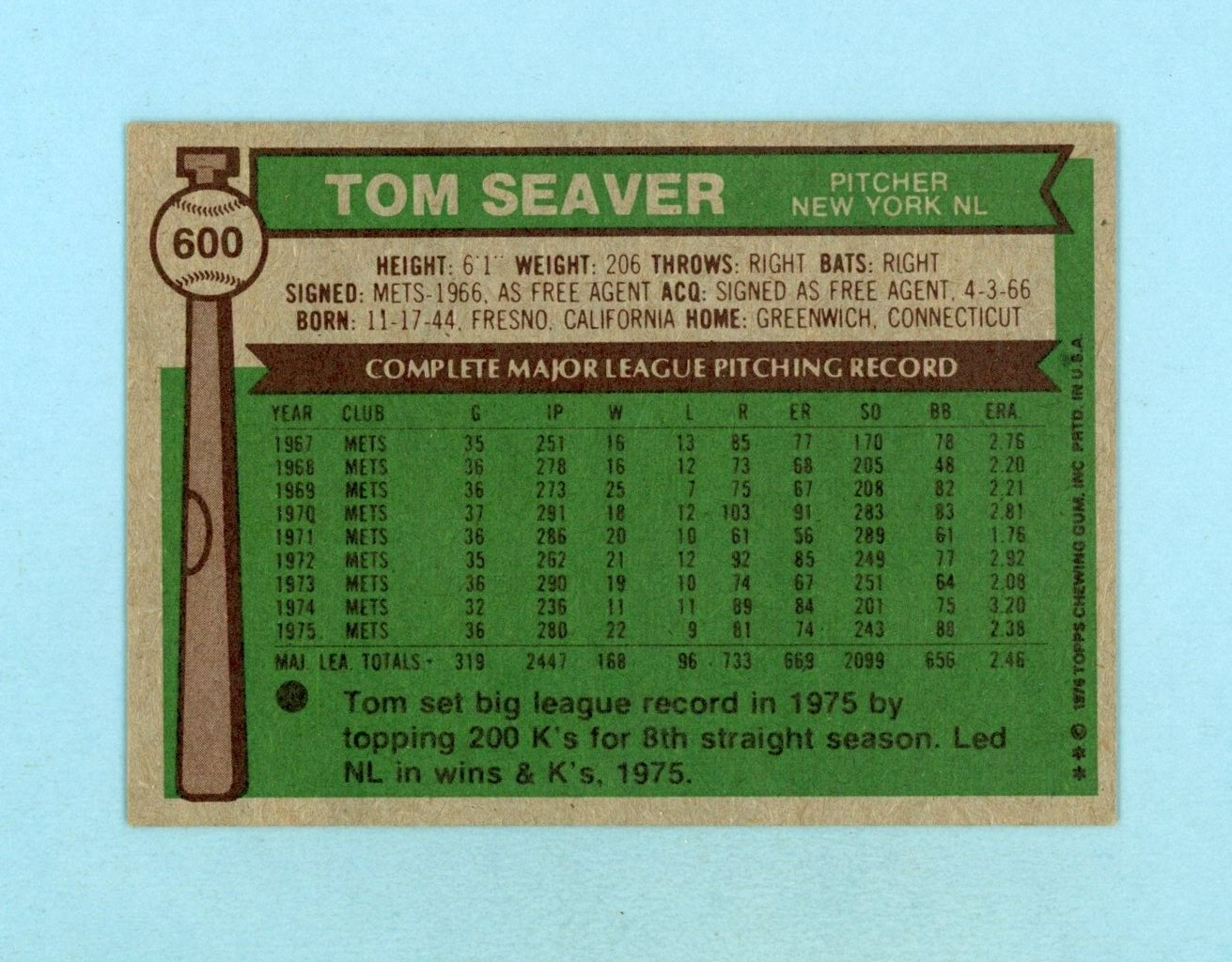 1976 Topps #600 Tom Seaver New York Mets Baseball Card EX+ - Ex/Mt