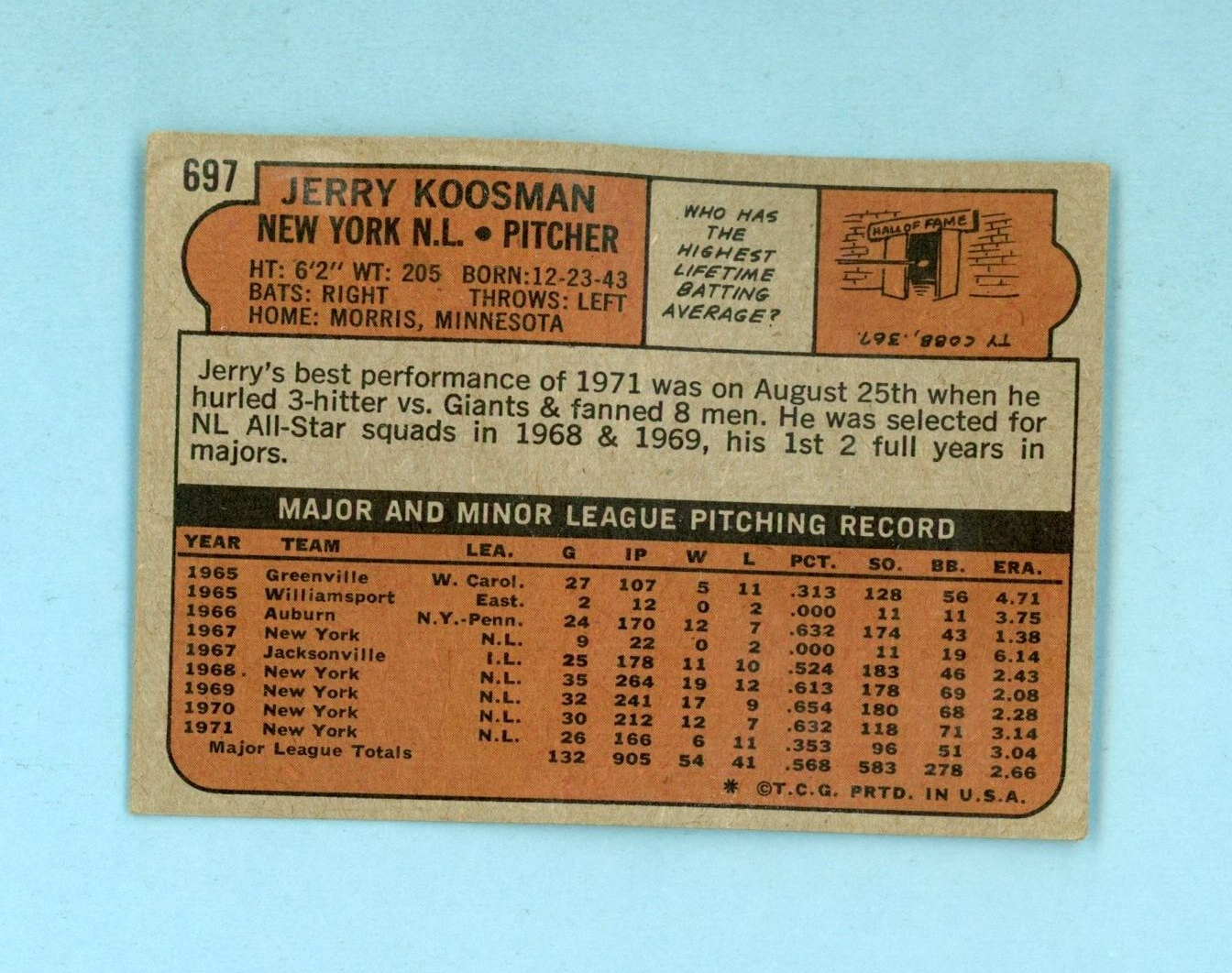 1972 Topps #697 Jerry Koosman New York Mets High Number Baseball Card Low Grade