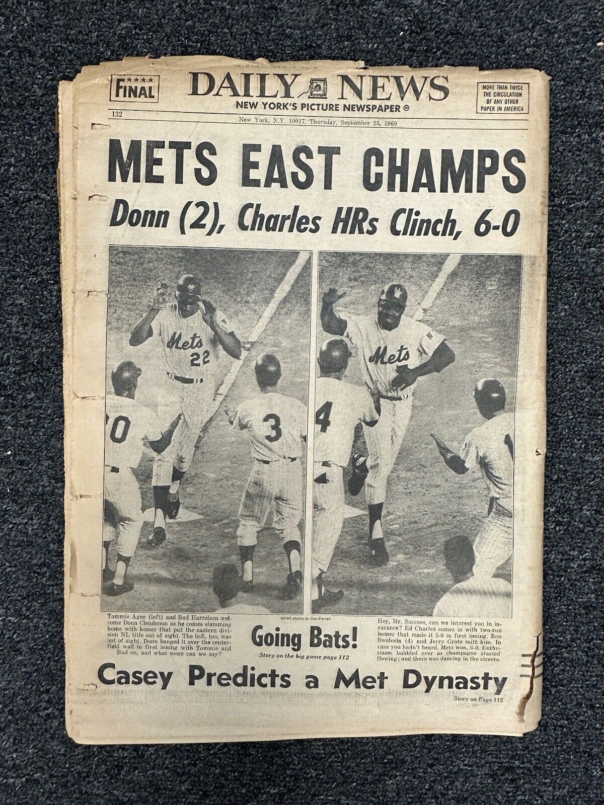 Sept. 25, 1969 New York Mets WE WIN IT! NL East Champs NY Daily News Newspaper