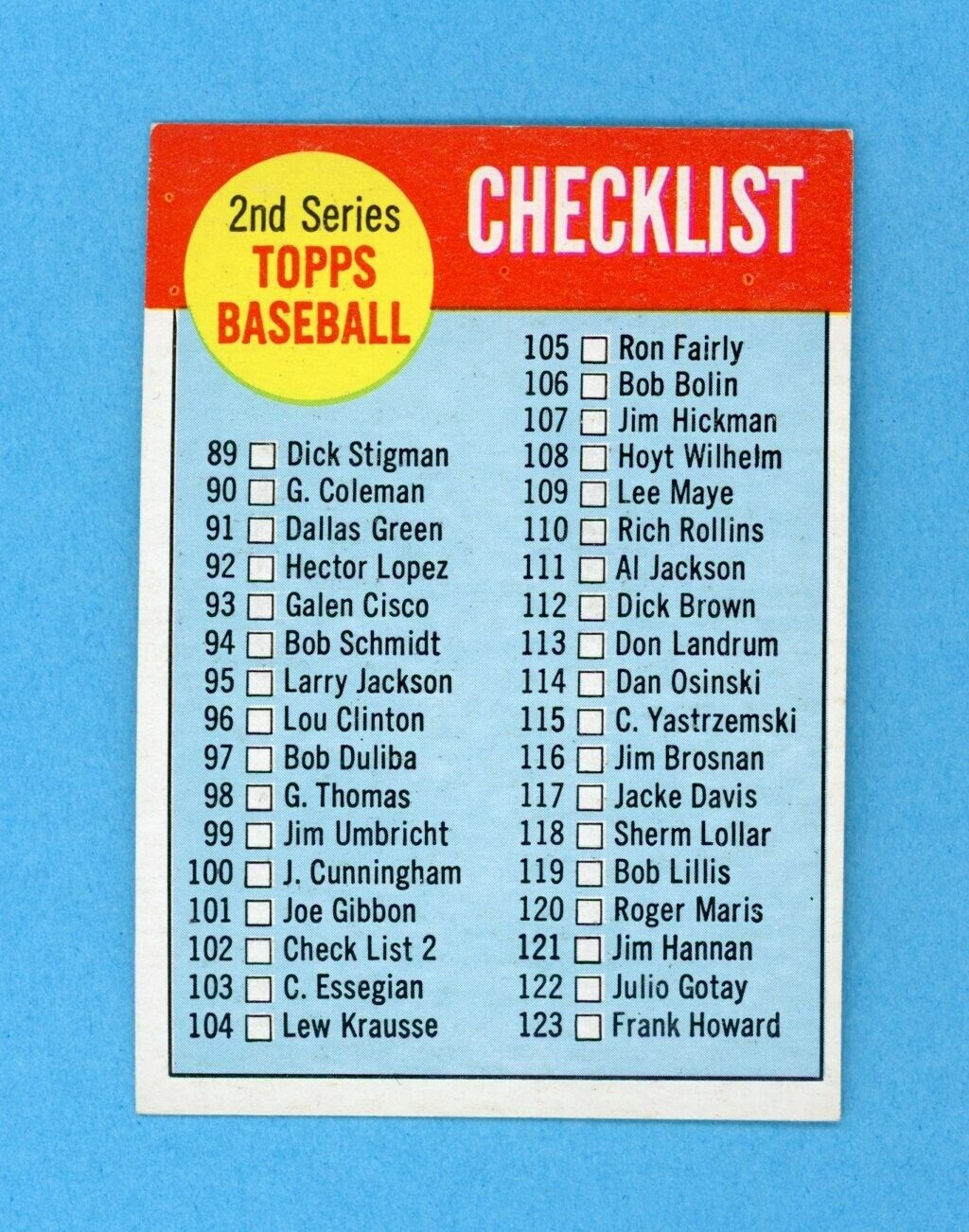 1963 Topps #102 2nd Series Checklist Baseball Card NM unchecked