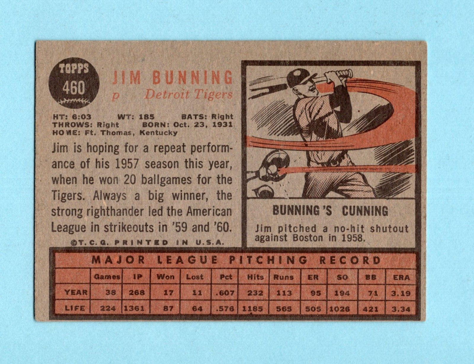 1962 Topps #460 Jim Bunning Detroit Tigers Baseball Card Vg/Ex