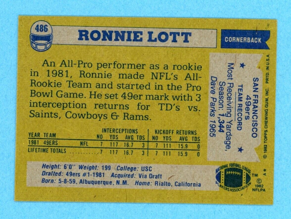 1982 Topps #486 Ronnie Lott San Francisco 49ers Rookie Football Card NM