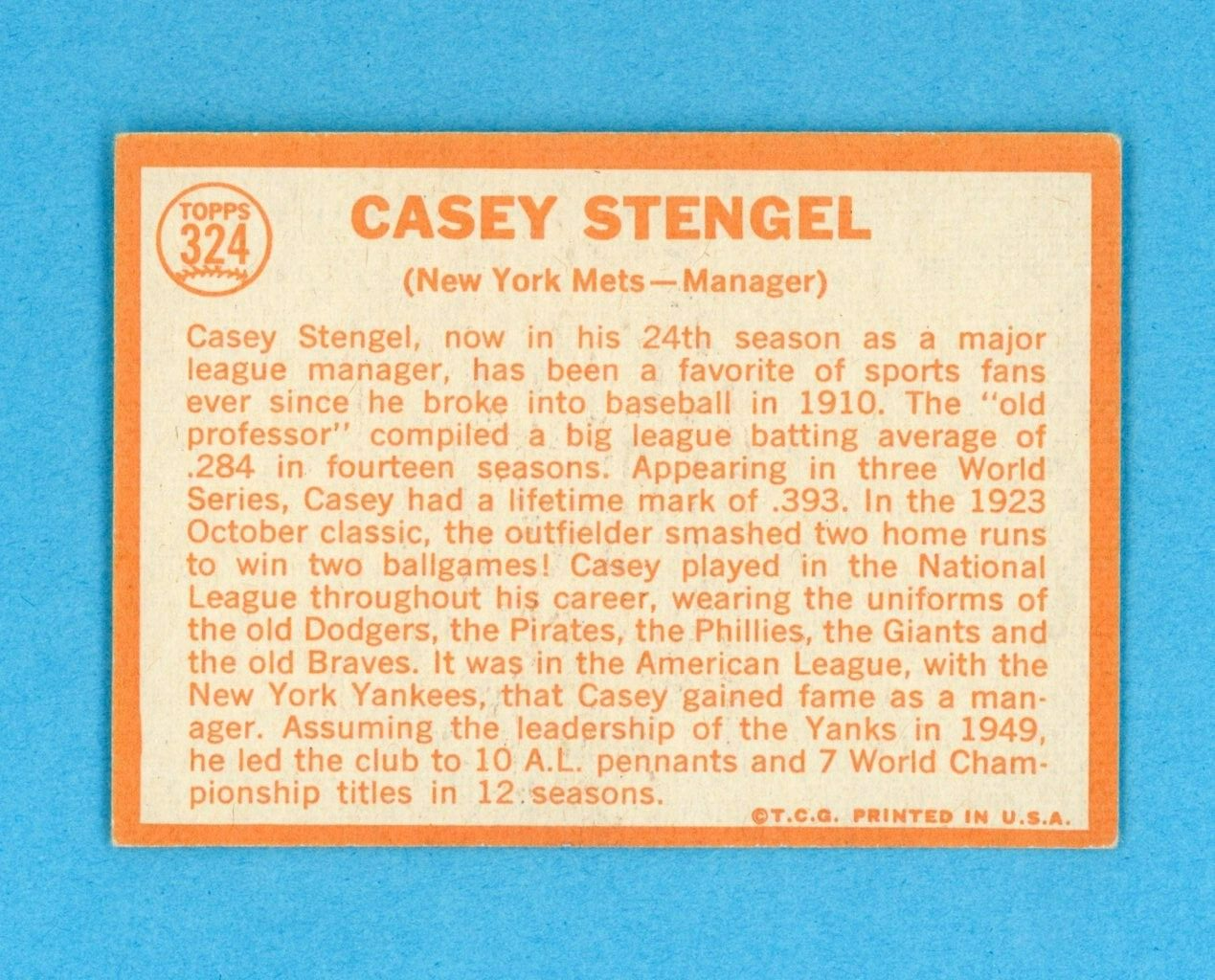 1964 Topps #324 Casey Stengel New York Mets Baseball Card EX