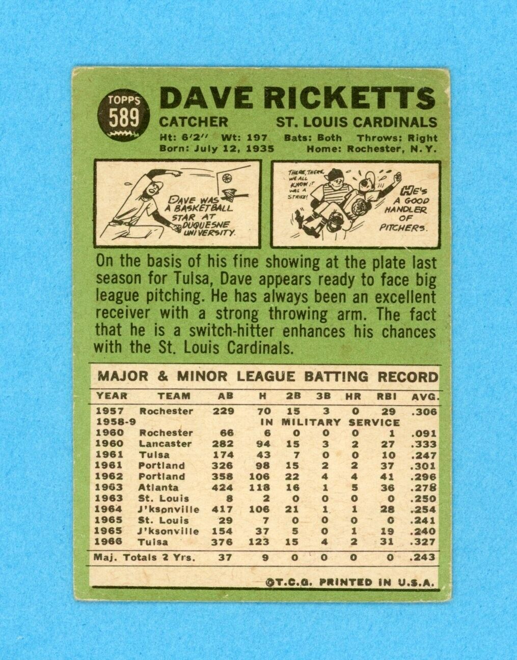 1967 Topps #589 Dave Ricketts St. Louis Cardinals Baseball Card Low Grade