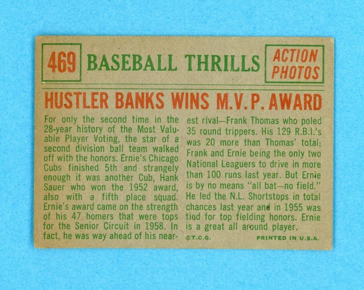 1959 Topps #469 Baseball Thrills Ernie Banks Chicago Cubs Baseball Card EX lwt