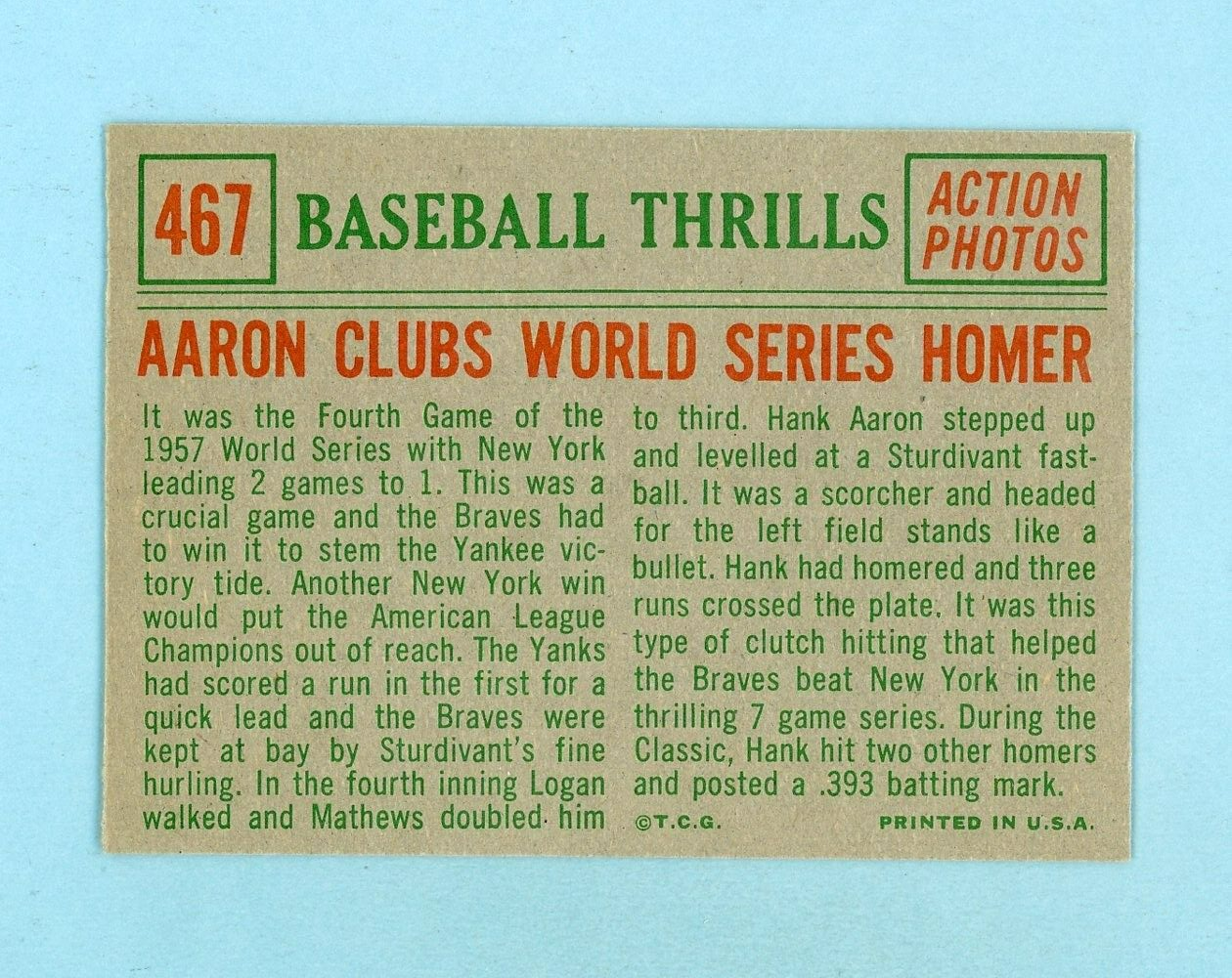 1959 Topps #467 Hank Aaron Clubs World Series Homer Baseball Card Ex/Mt o/c rers