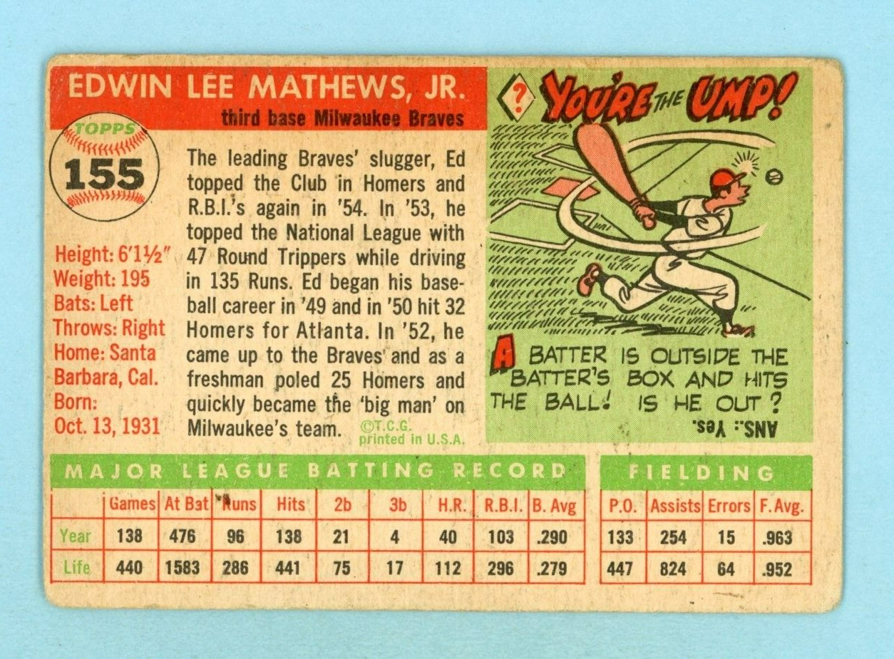 1955 Topps #155 Eddie Mathews Milwaukee Braves Baseball Card VG