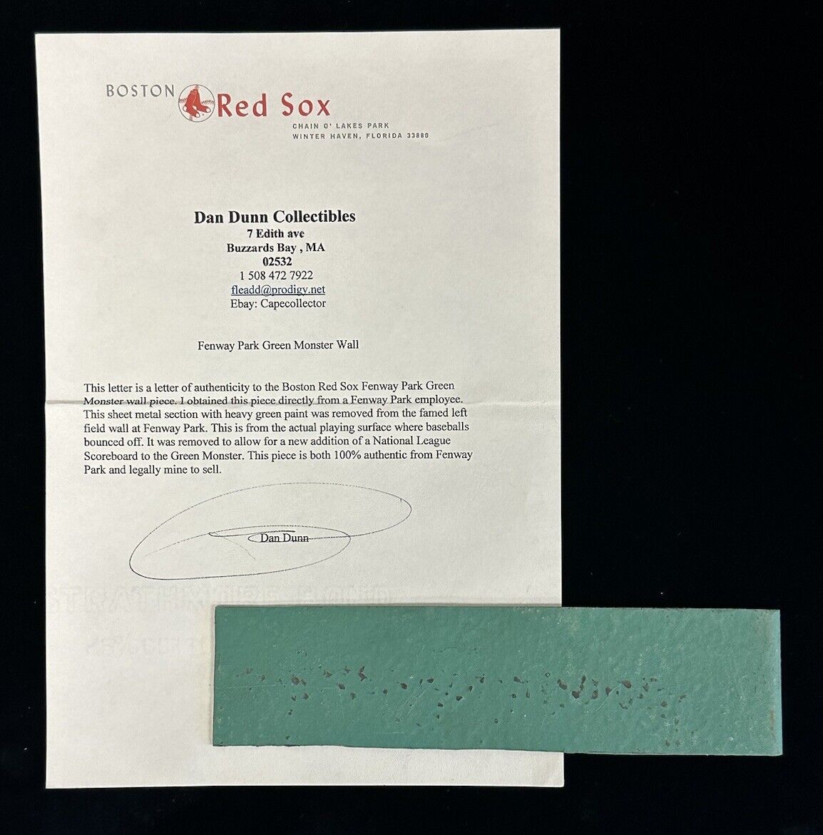 Original 2x8” Metal Piece of The Green Monster At Fenway Park w/ LOA