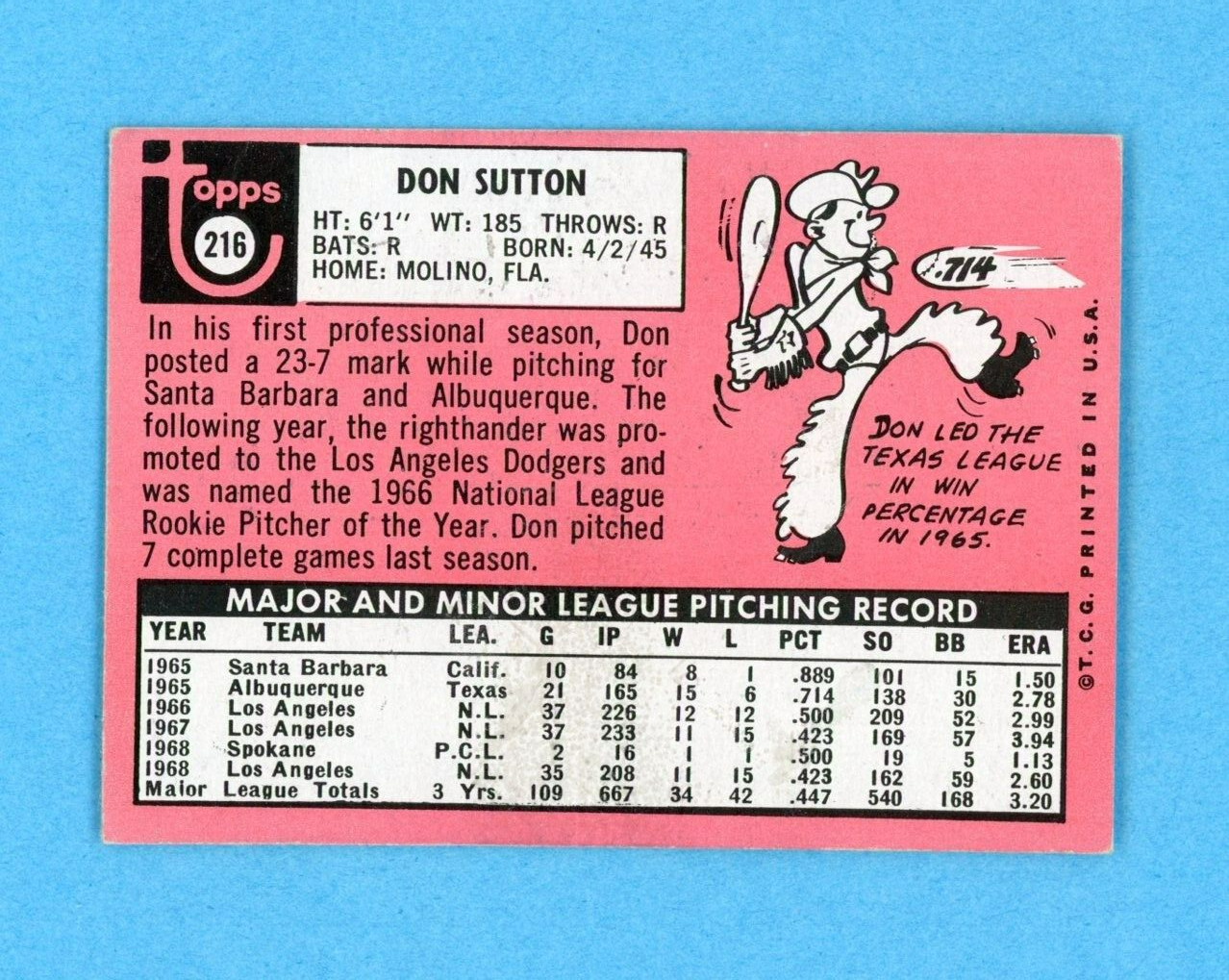 1969 Topps #216 Don Sutton Los Angeles Dodgers Baseball Card EX+