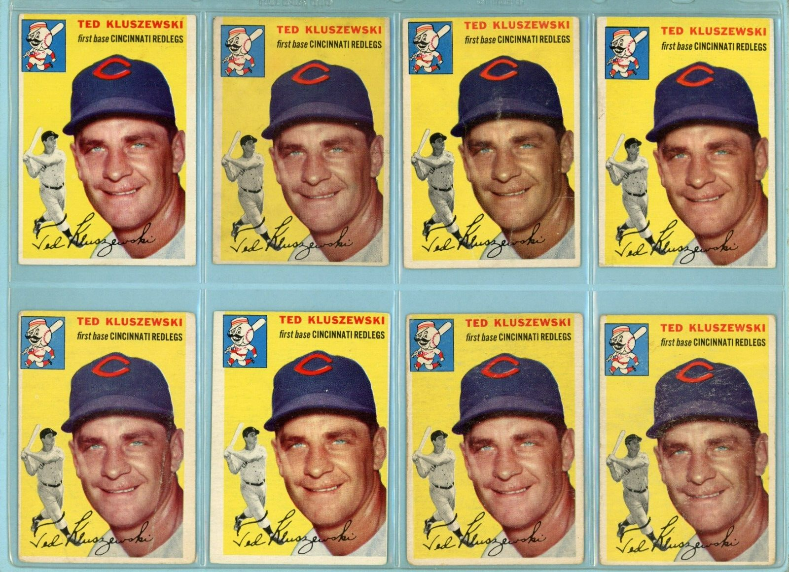 1954 Topps #7 Ted Kluszewski Cincinnati Redlegs Lot of 8 Baseball Cards mxed gds