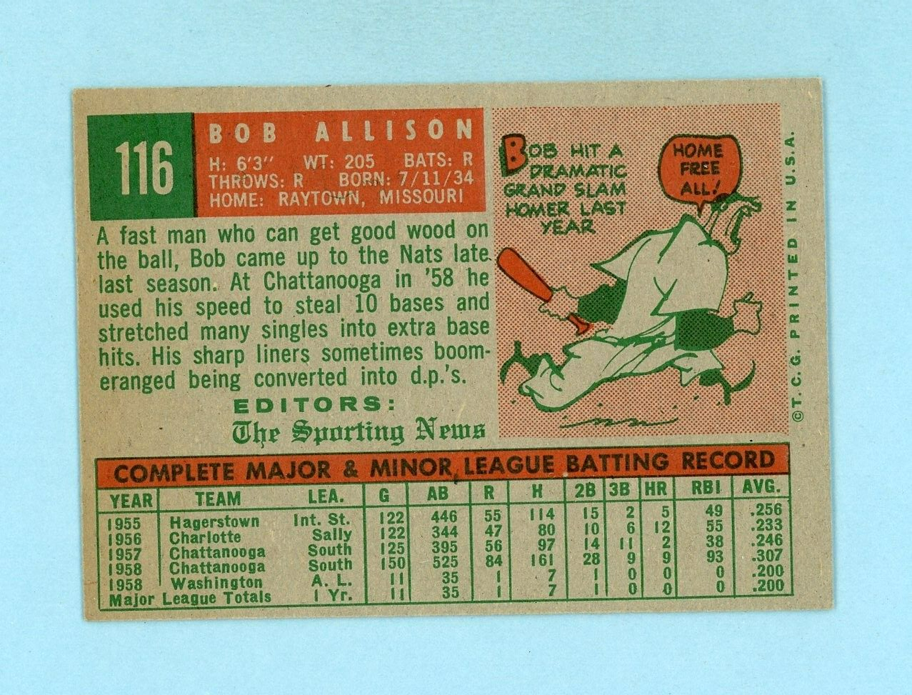 1959 Topps #116 Bob Allison Washington Senators Rookie Baseball Card Ex/Mt