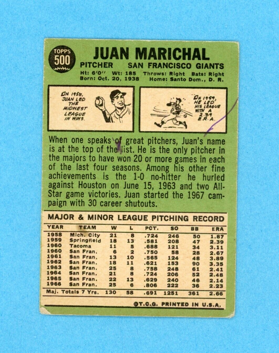 Juan Marichal Signed 1967 Topps Card #500 Auto with B&E Hologram