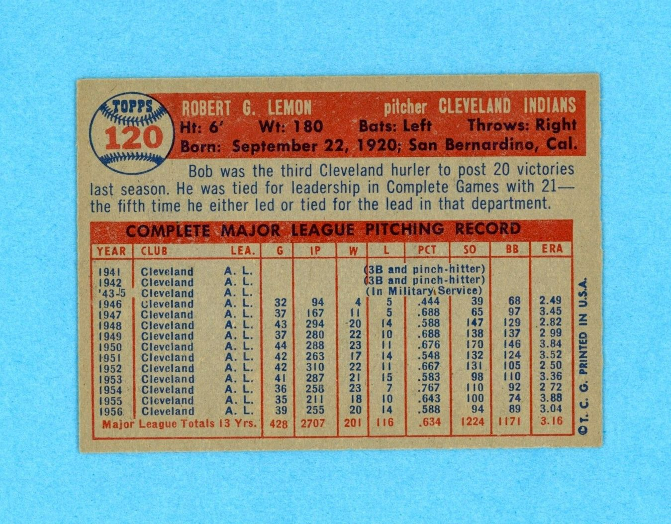 1957 Topps #120 Bob Lemon Cleveland Indians Baseball Card Ex+ - Ex/Mt