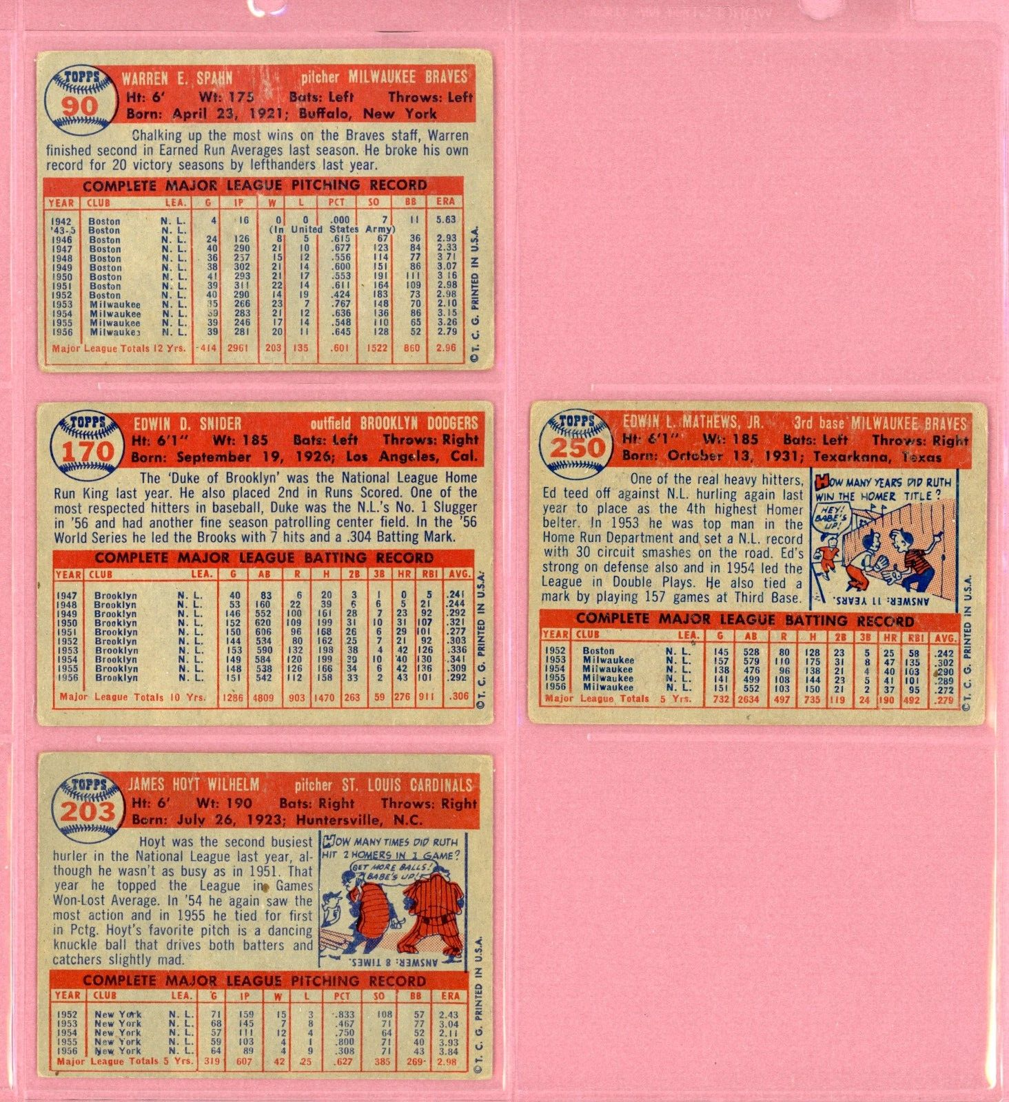 1957 Topps Lot of 4 Different Hall of Famer Baseball Cards LG - Vg/Ex