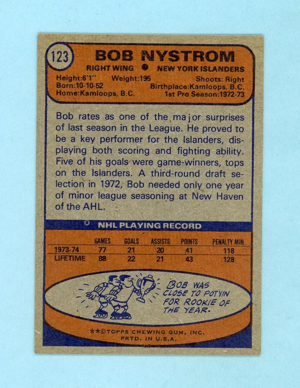 1974-75 Topps #123 Bob Nystrom New York Islanders Hockey Card EX+