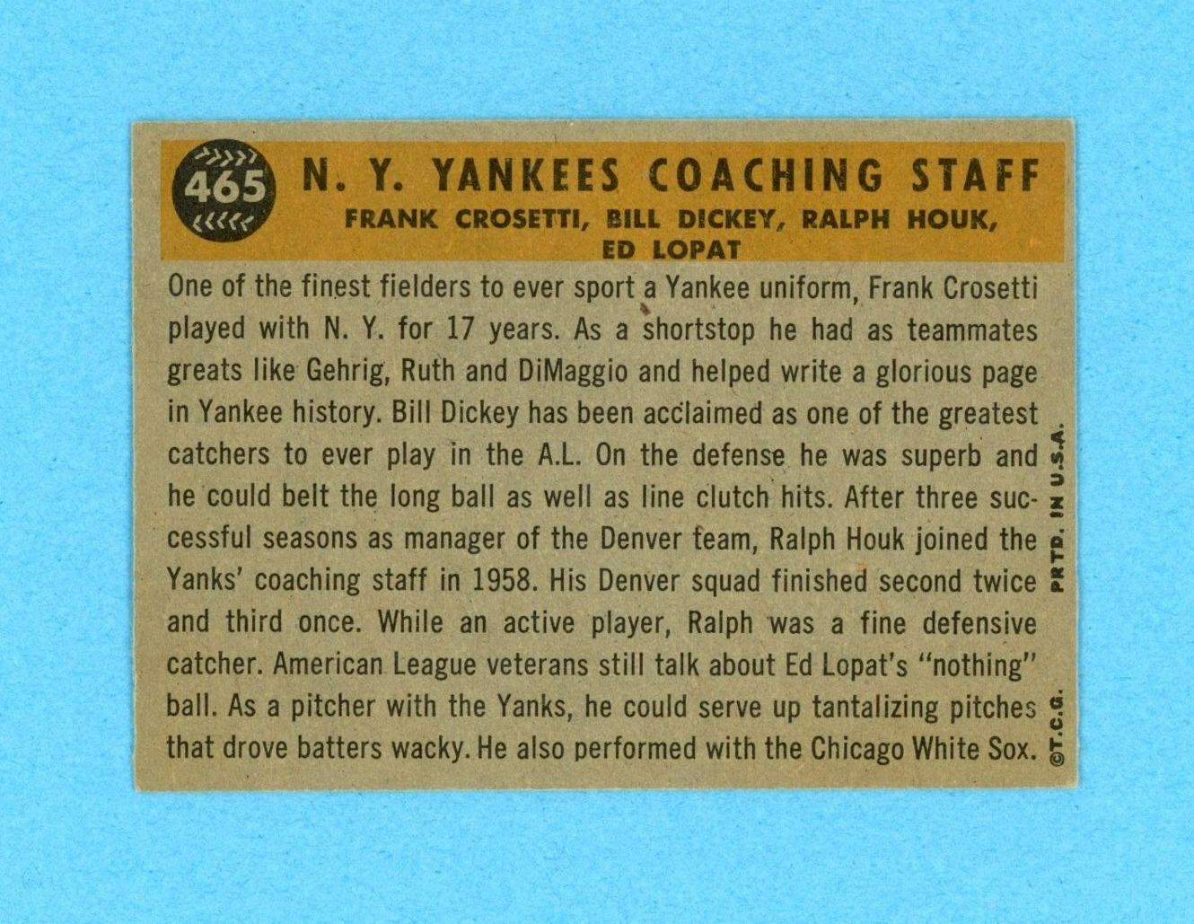 1960 Topps #465 New York Yankees Coaches Baseball Card Ex/Mt