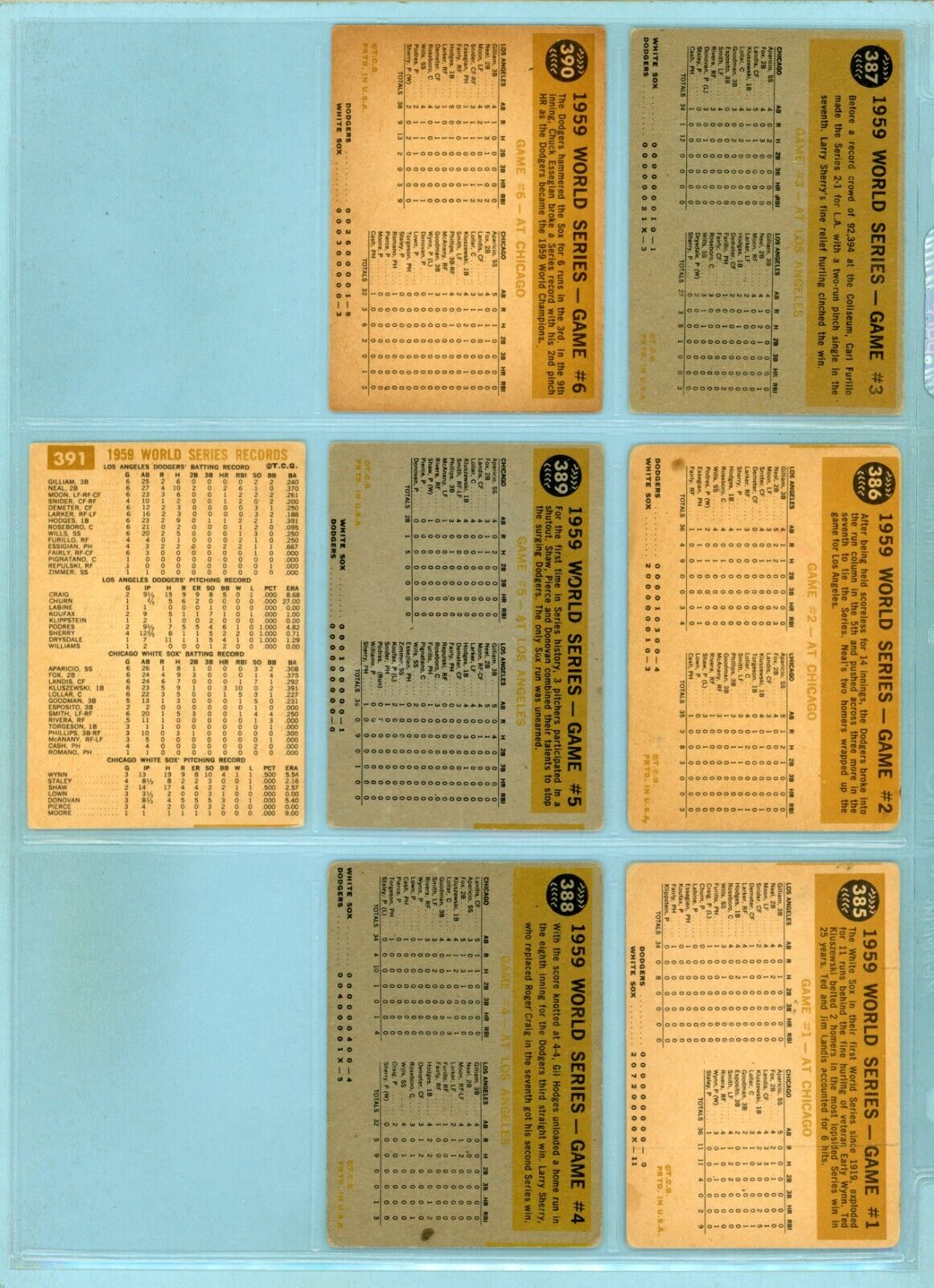 1960 Topps Set of 7 1959 World Series Special Baseball Cards VG - VG+