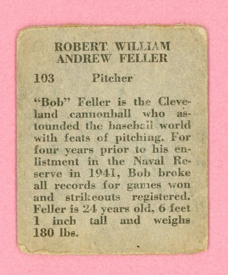 1949 M.P. & Co. #103 Bob Feller Cleveland Indians Baseball Card Low Grade