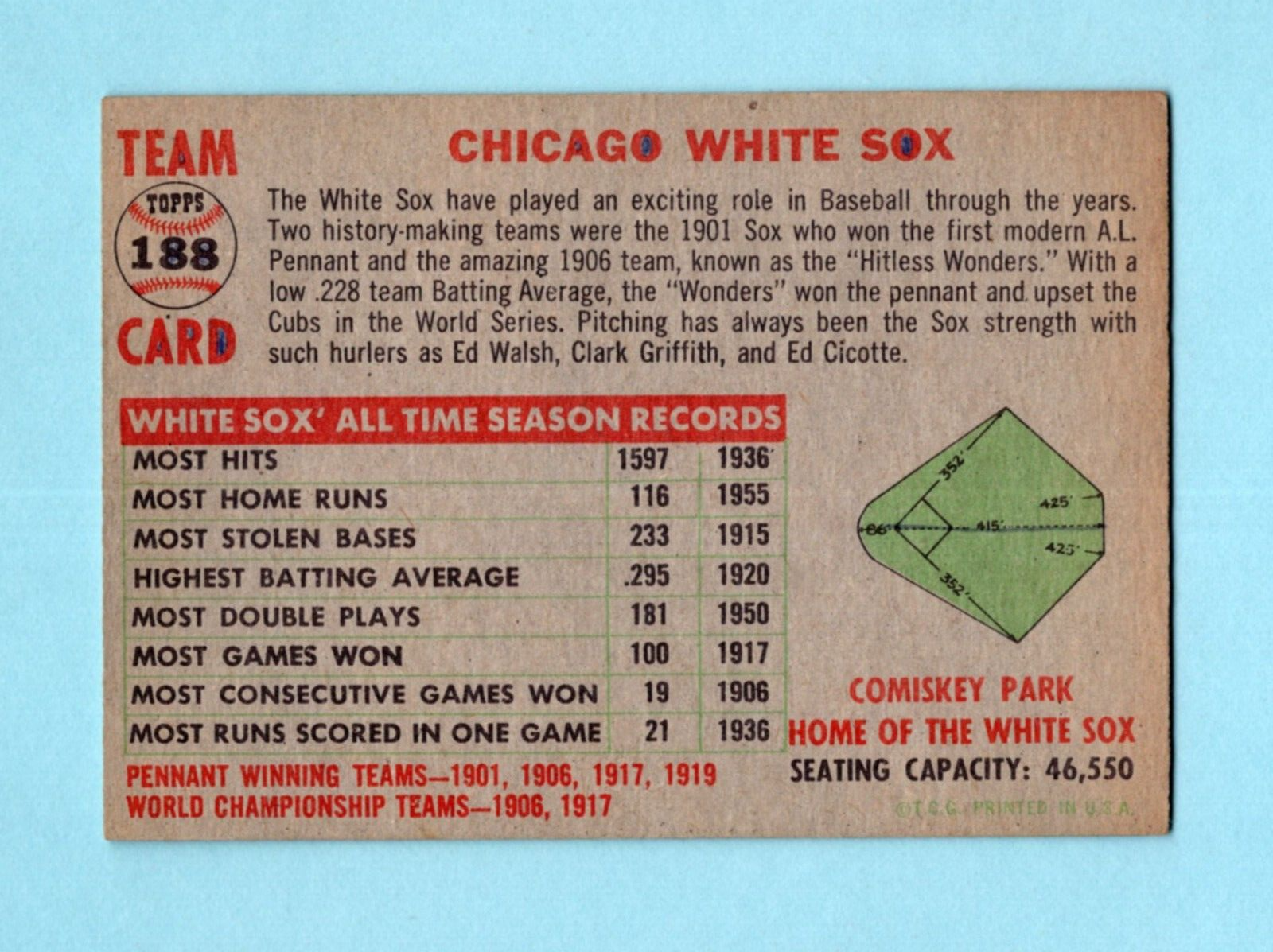 1956 Topps #188 Chicago White Sox Team Baseball Card EX+ o/c pn mks bk