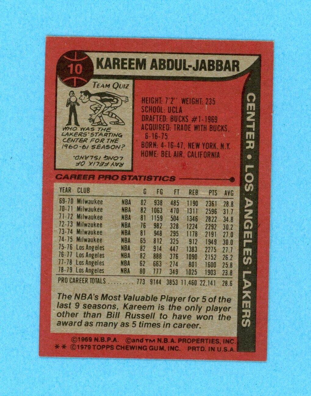 1979-80 Topps #10 Kareem Abdul-Jabbar Los Angeles Lakers Basketball Card NM