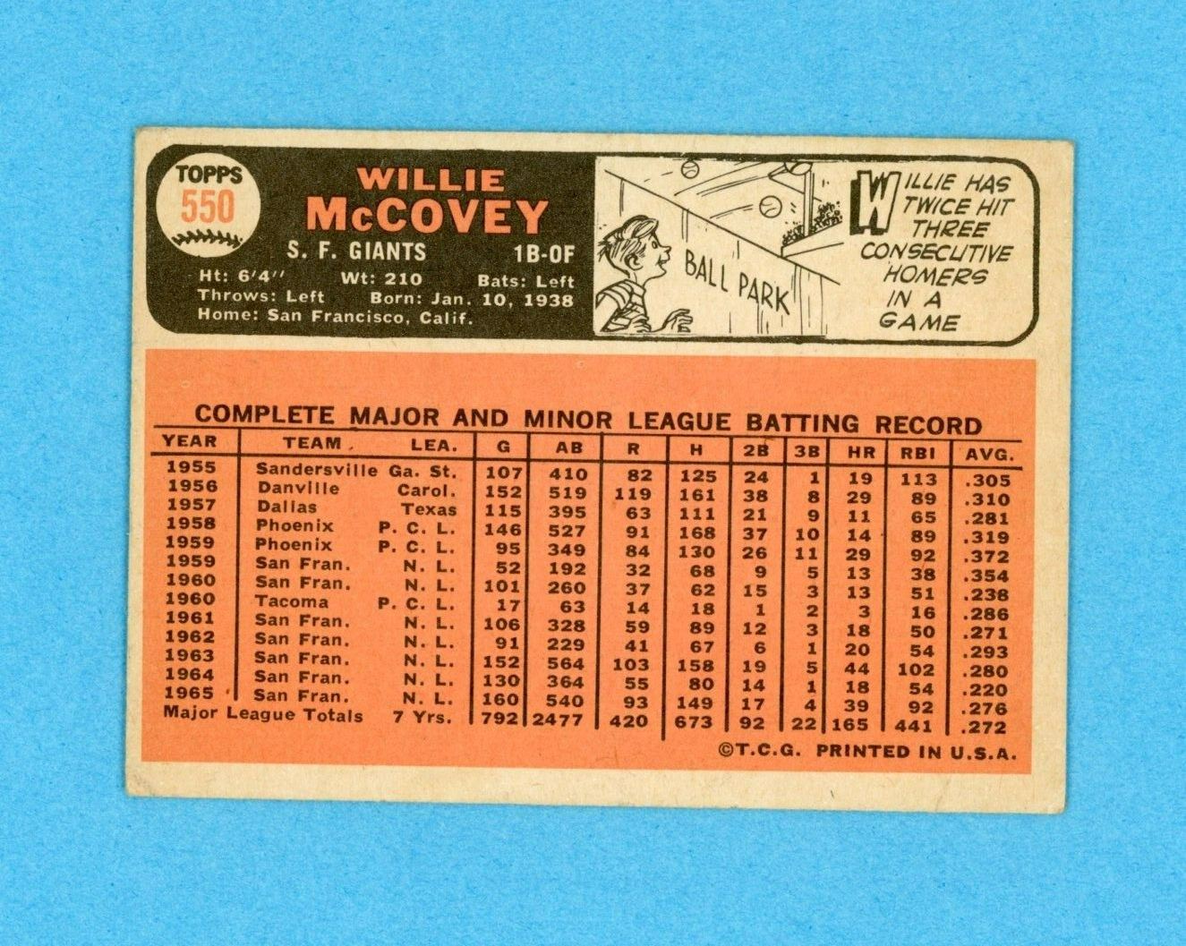 1966 Topps #550 Willie McCovey San Francisco Giants High Number Baseball Card LG