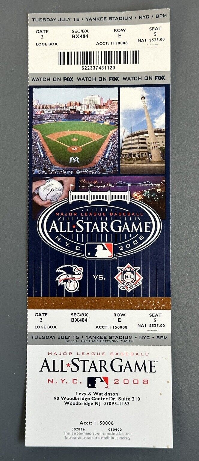 2008 MLB All Star Game Yankee Stadium FULL Ticket -  Derek Jeter 9th ASG