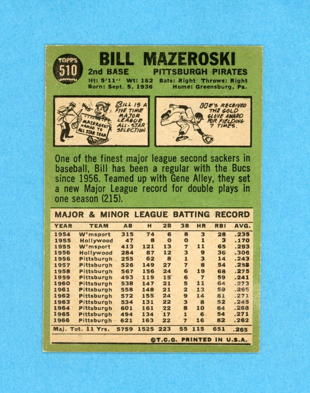 Bill Mazeroski Signed 1967 Topps Card #510 Auto with B&E Hologram