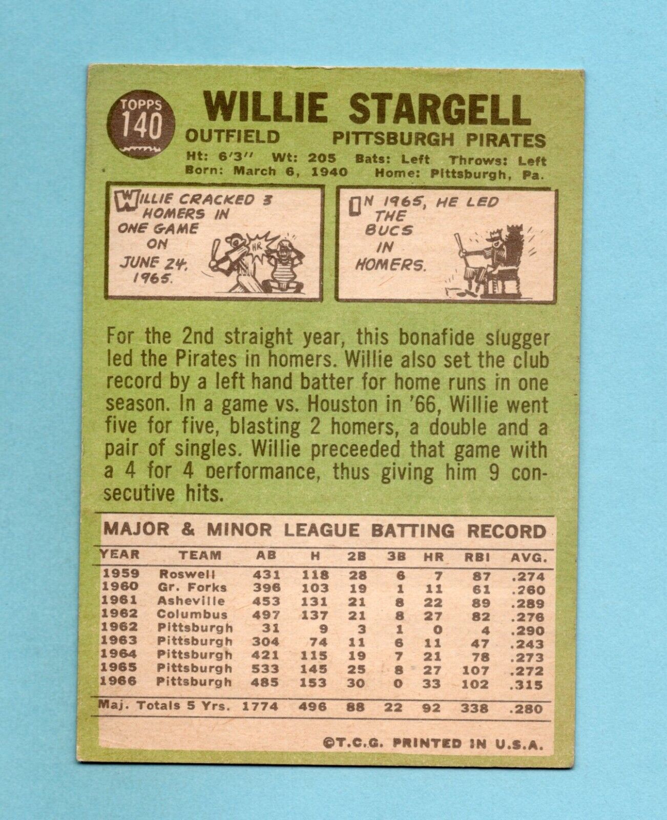 1967 Topps #140 Willie Stargell Pittsburgh Pirates Baseball Card EX - EX+