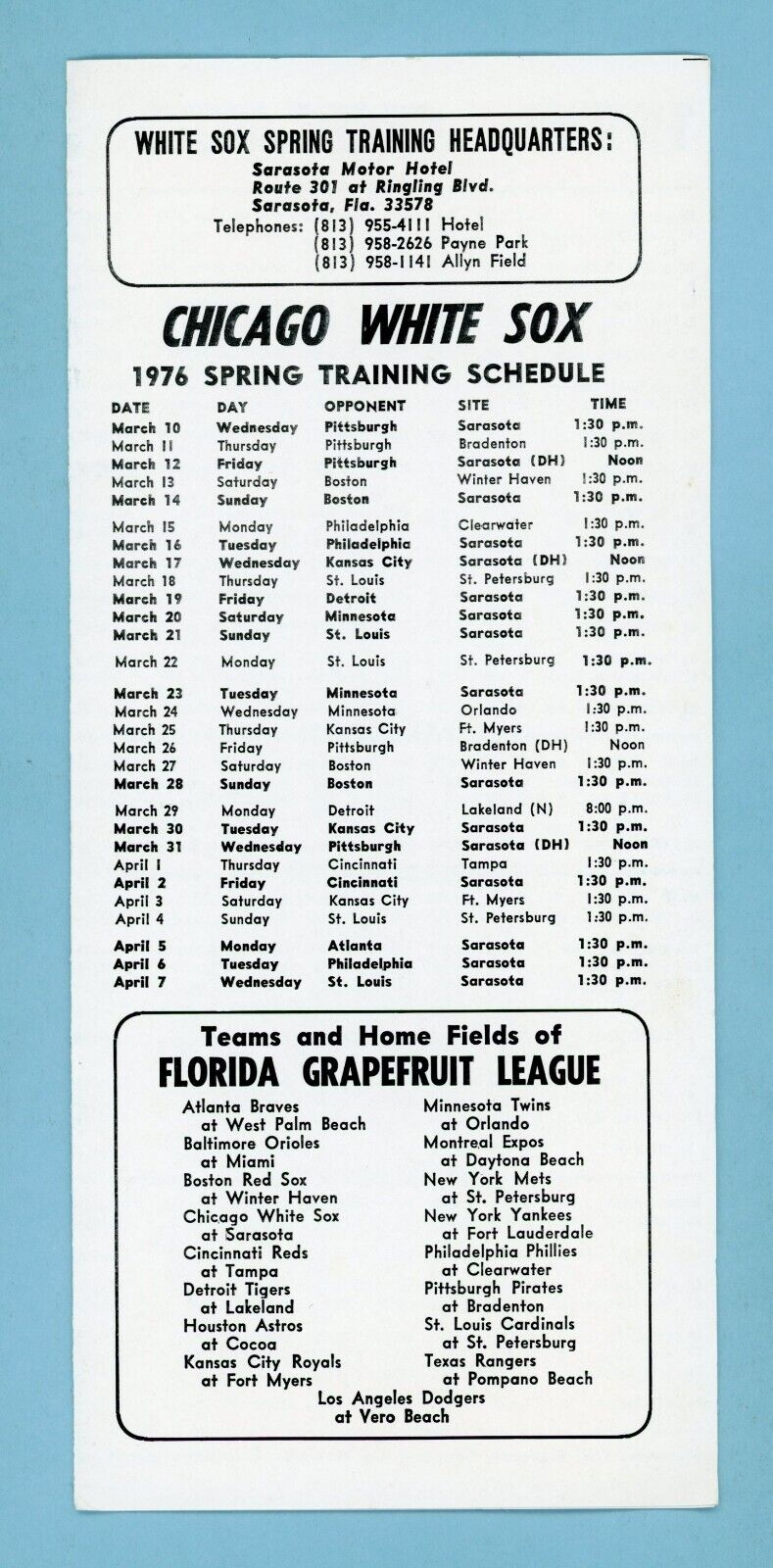 1976 Chicago White Sox Spring Training Roster, Spring & Season Schedule.