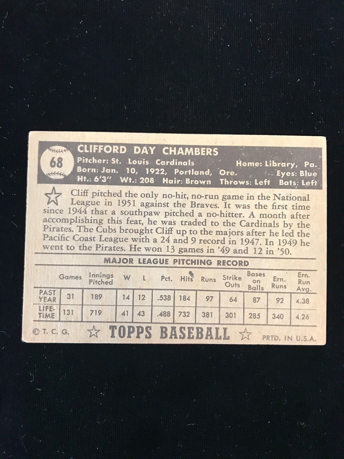 1952 Topps Cliff Chambers Baseball Card-#68-St Louis Cardinals-EX no creases