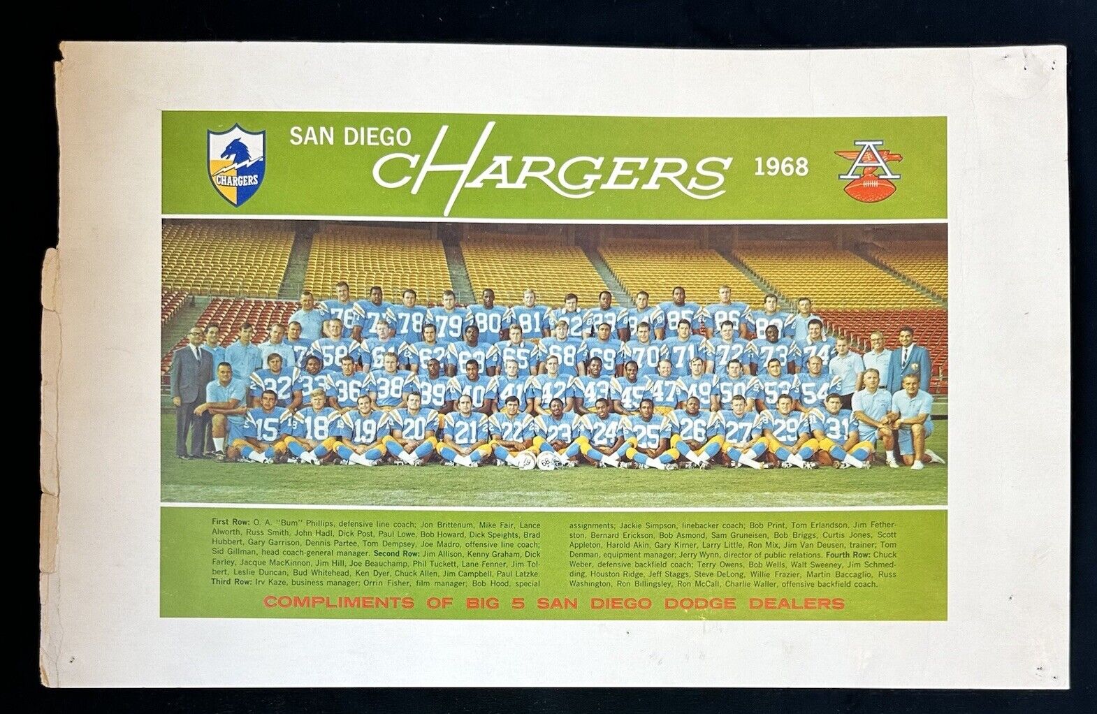 1968 San Diego Chargers 11 x 17.5 AFL Color Team Photo by Dodge Car Dealers RARE