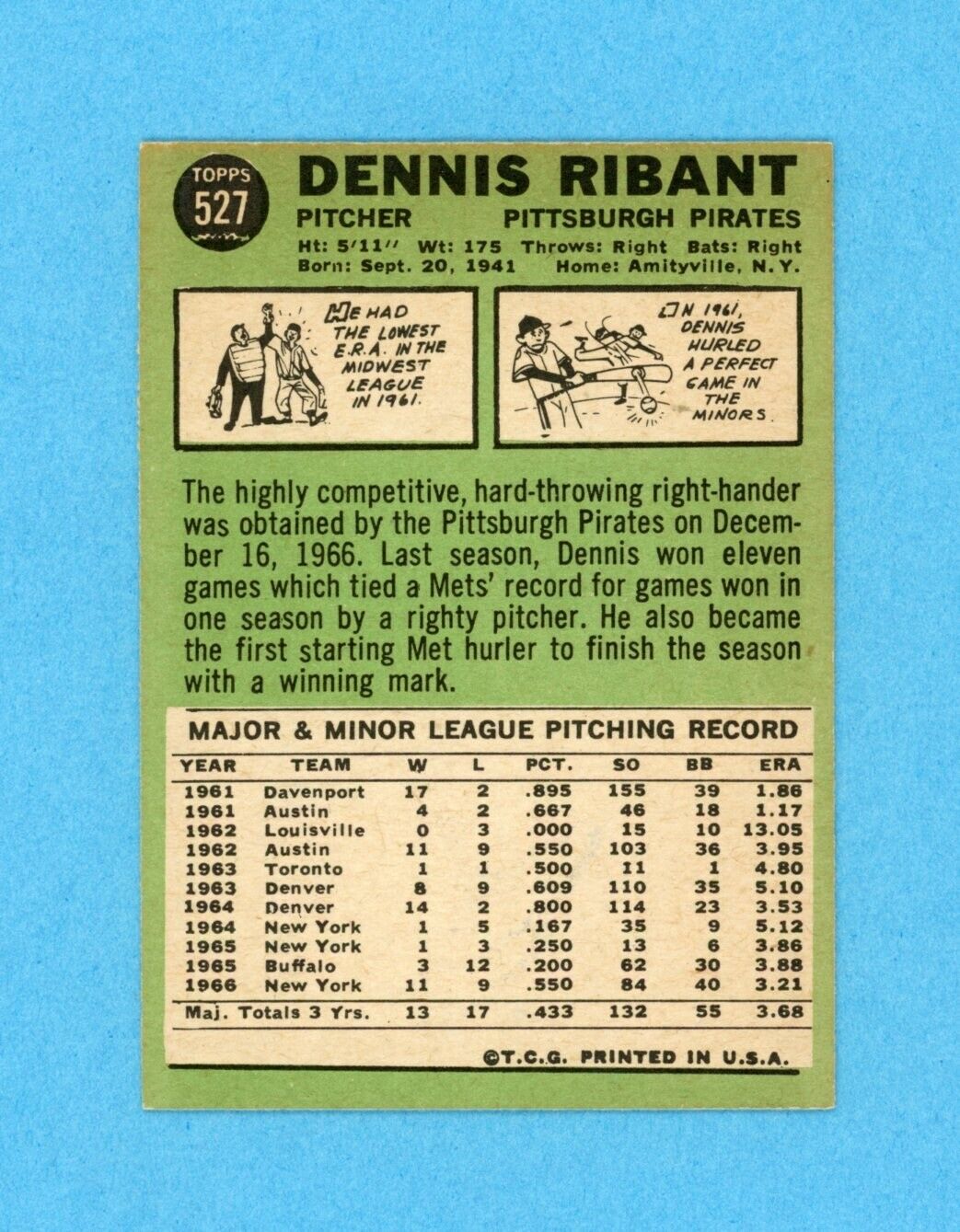 Dennis Ribant Signed 1967 Topps Card High #527 Auto with B&E Hologram