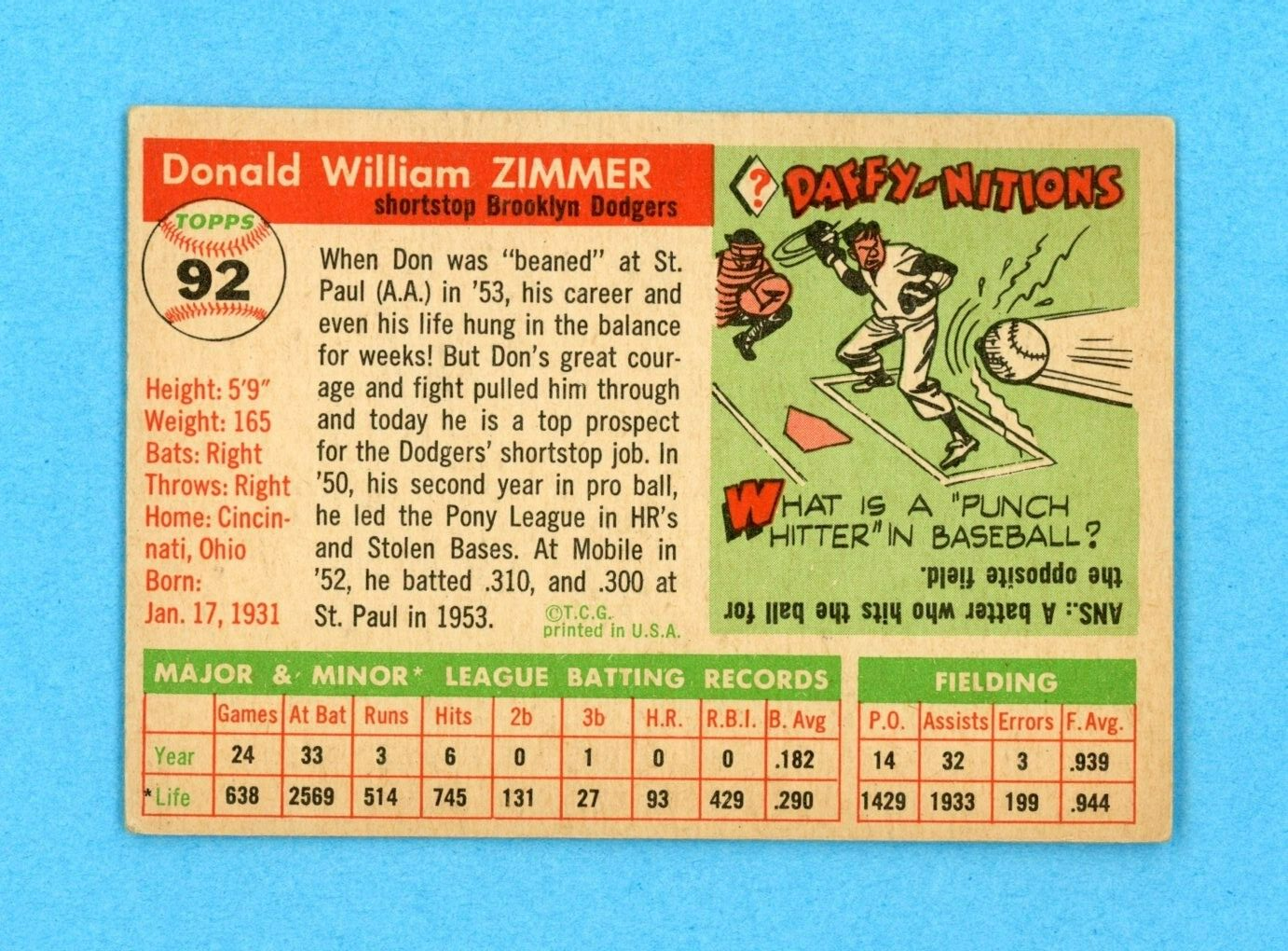 1955 Topps #92 Don Zimmer Brooklyn Dodgers Rookie Baseball Card EX - EX+ lht wrk