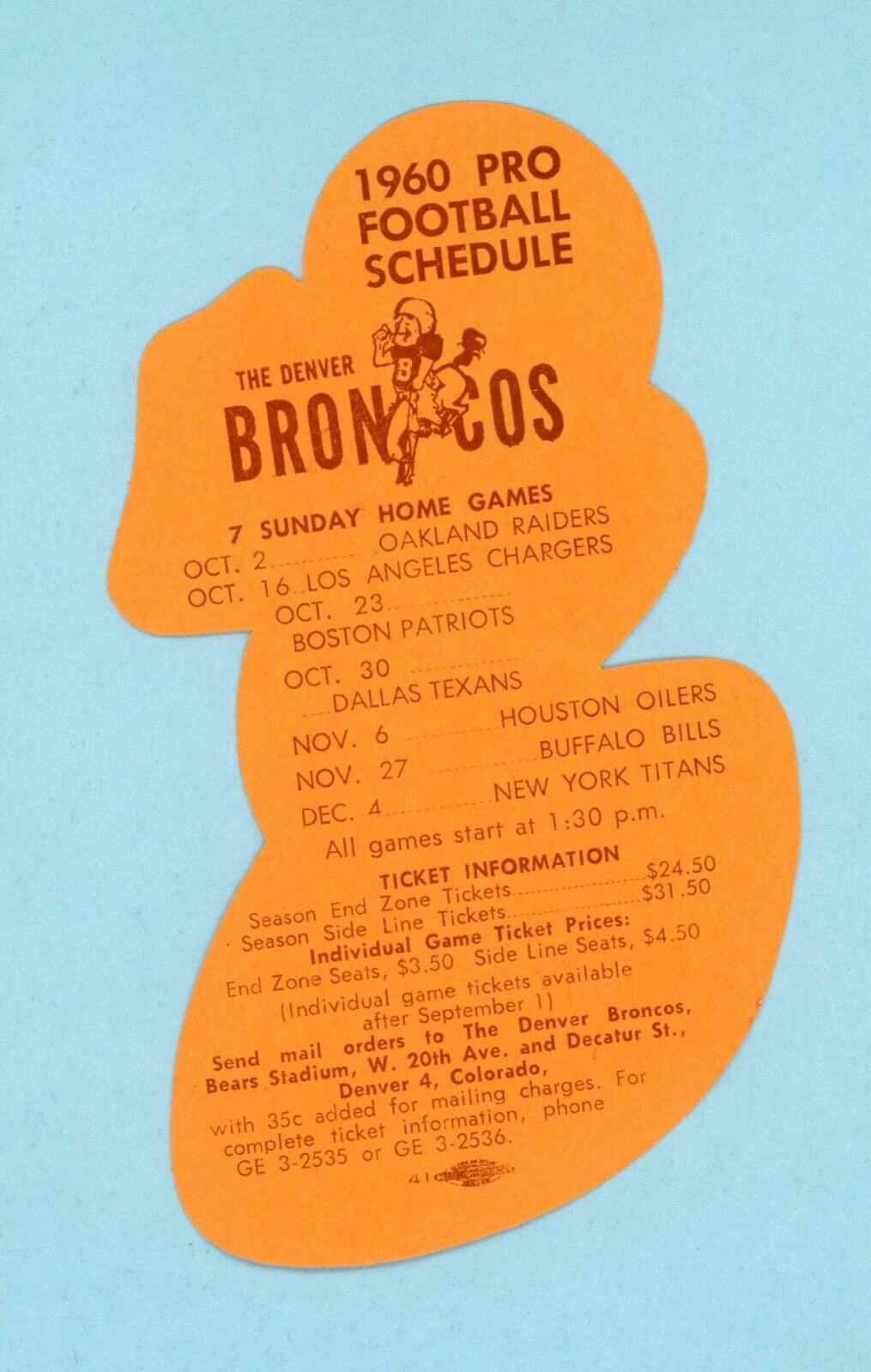 1960 Denver Broncos Home Schedule & Ticket Info. Decal Emblem - 1st Season AFL