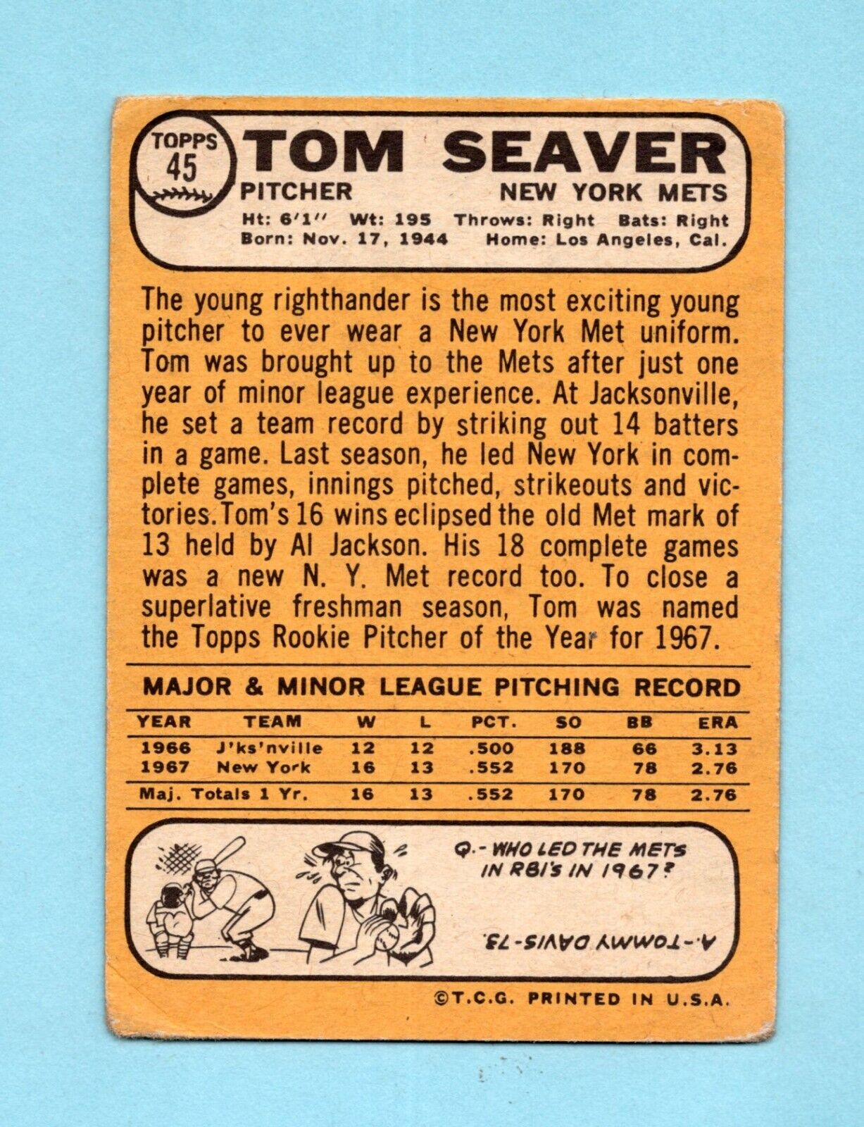 1968 Topps #45 Tom Seaver New York Mets Baseball Card Low Grade