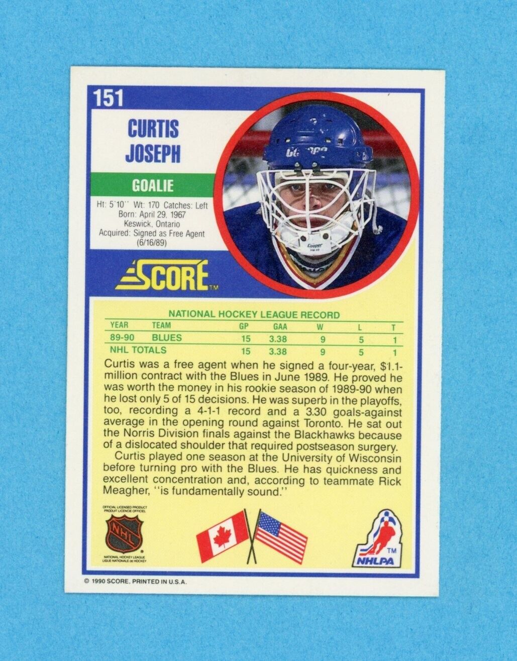 Curtis Joseph St. Louis Blues 1990-91 Score #151 Autographed Rookie Hockey Card