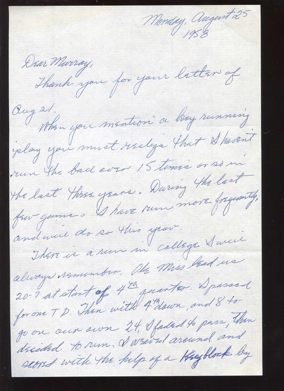 Bill Wade Signed Letter to Murray Olderman Hologram