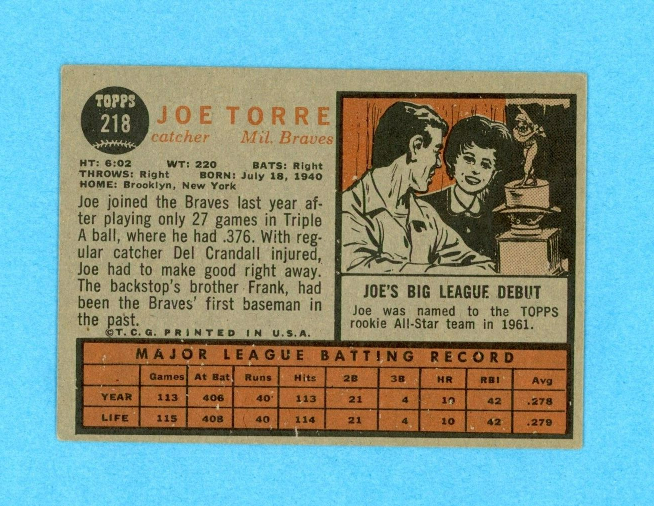 1962 Topps #218 Joe Torre Milwaukee Braves Rookie Baseball Card EX o/c