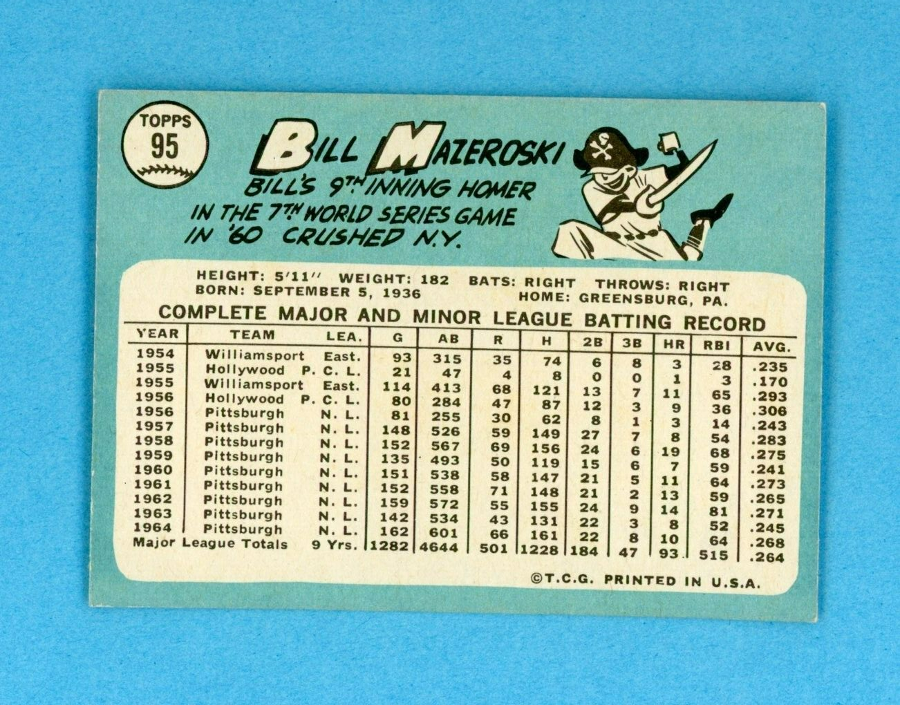 1965 Topps #95 Bill Mazeroski Pittsburgh Pirates Baseball Card Ex/Mt