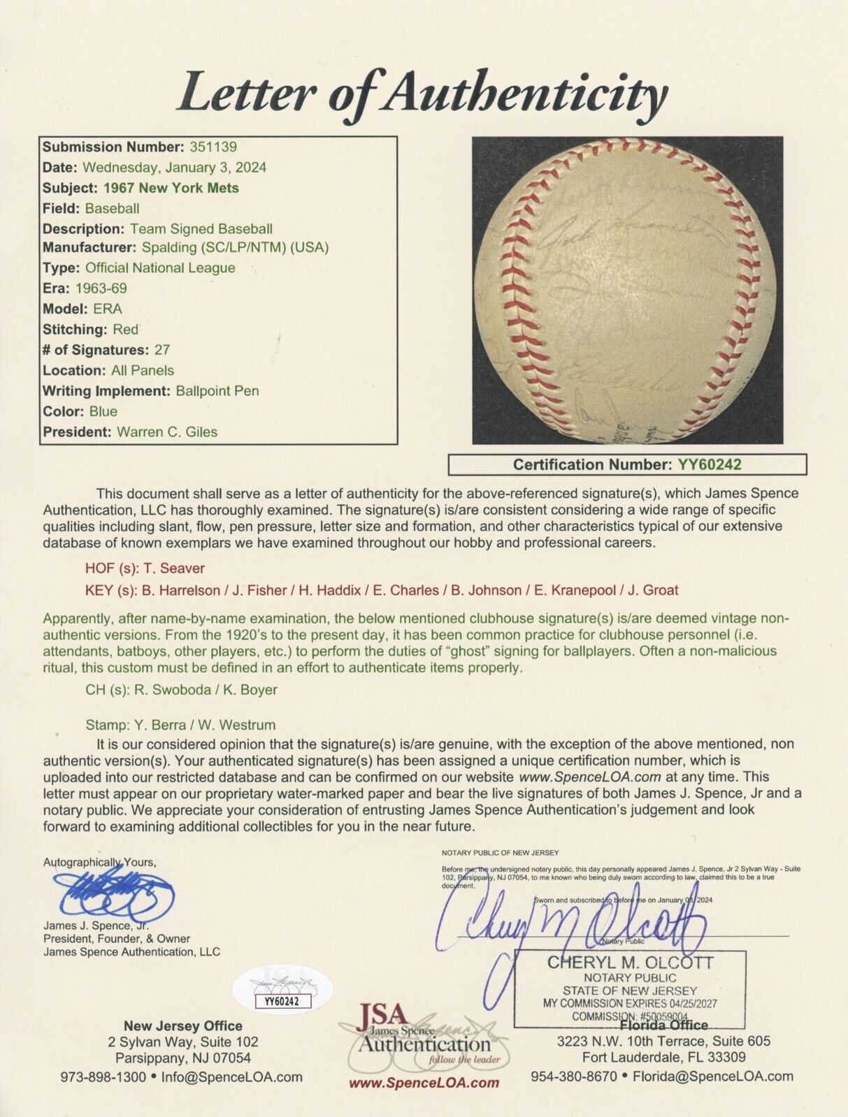 1967 NY Mets Team Signed Baseball with Rookie Tom Seaver, Ken Boyer, etc JSA LOA