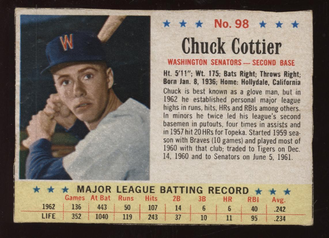 1963 Post Cereal Baseball #98 Chuck Cottier SP EXMT