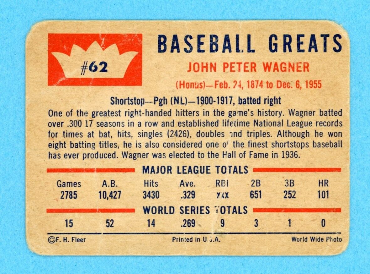 1960 Fleer #62 Honus Wagner Pittsburgh Pirates Baseball Card Low Grade