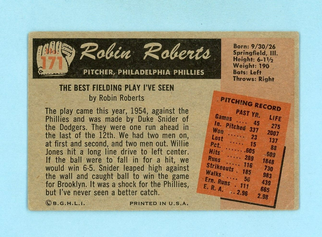 1955 Bowman #171 Robin Roberts Philadelphia Phillies Baseball Card Low Grade