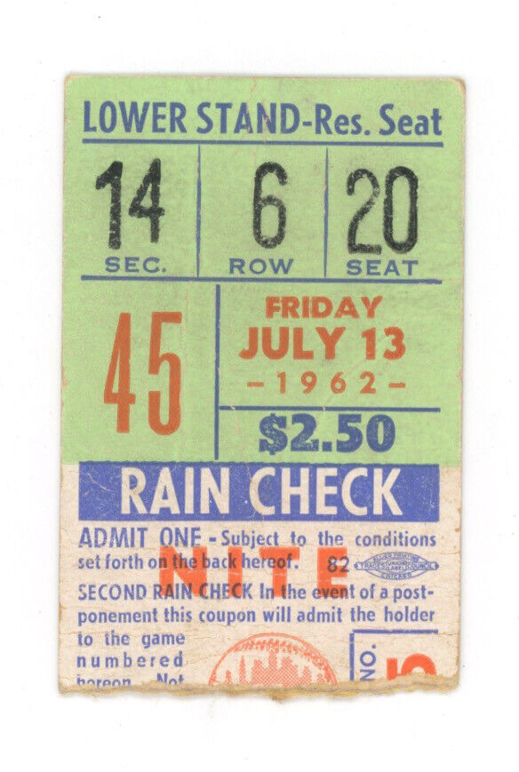 7/13/62 L.A. Dodgers vs. New York Mets Ticket Stub