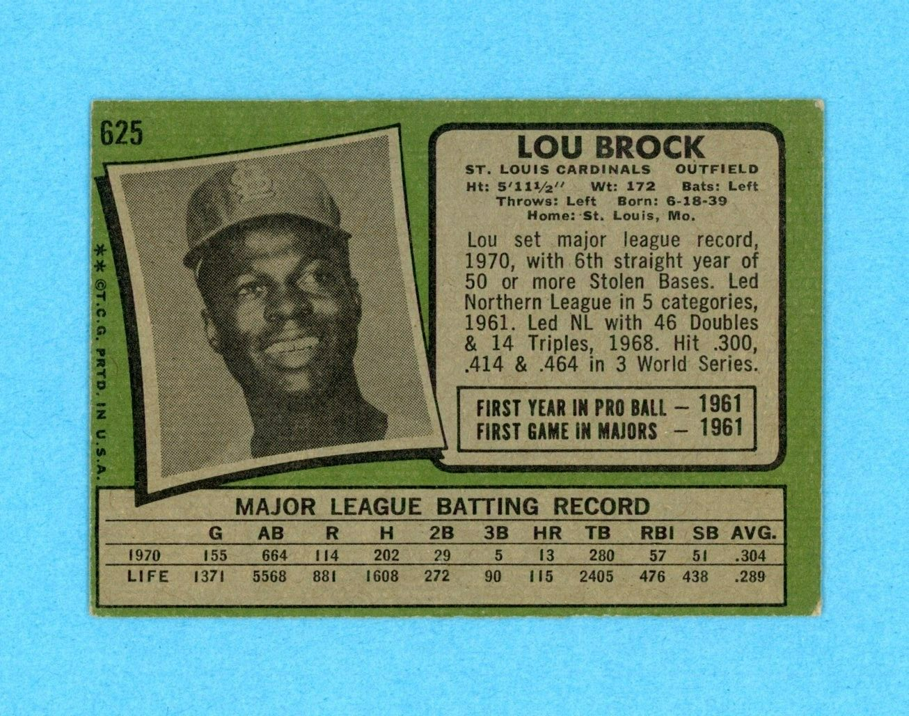 1971 Topps #625 Lou Brock St. Louis Cardinals Baseball Card Vg/Ex o/c inds rs