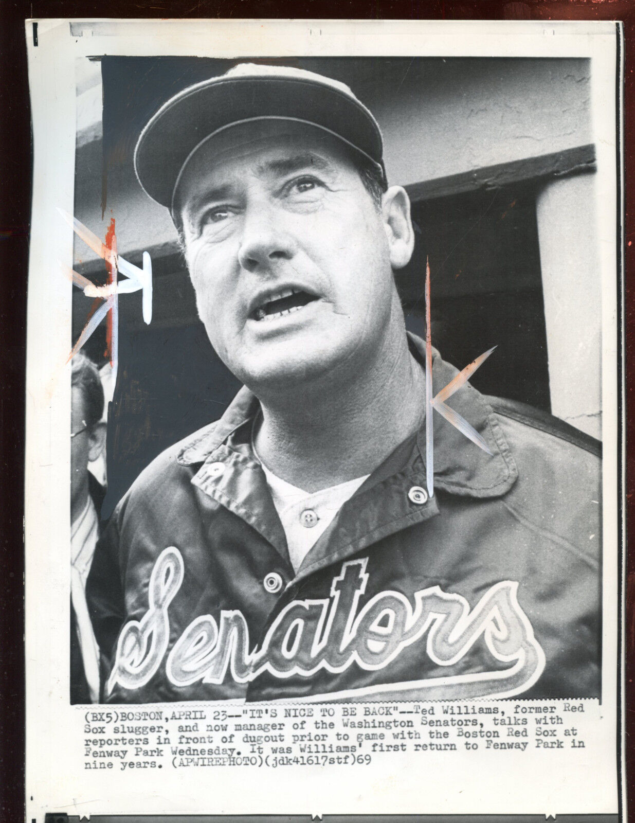 Original April 23 1969 Ted Williams Washington Senators Manager Wire Photo